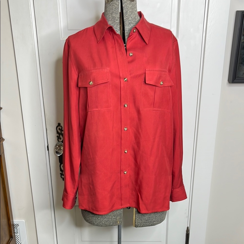 Neiman Marcus Red Silk Button-Up Shirt Medium